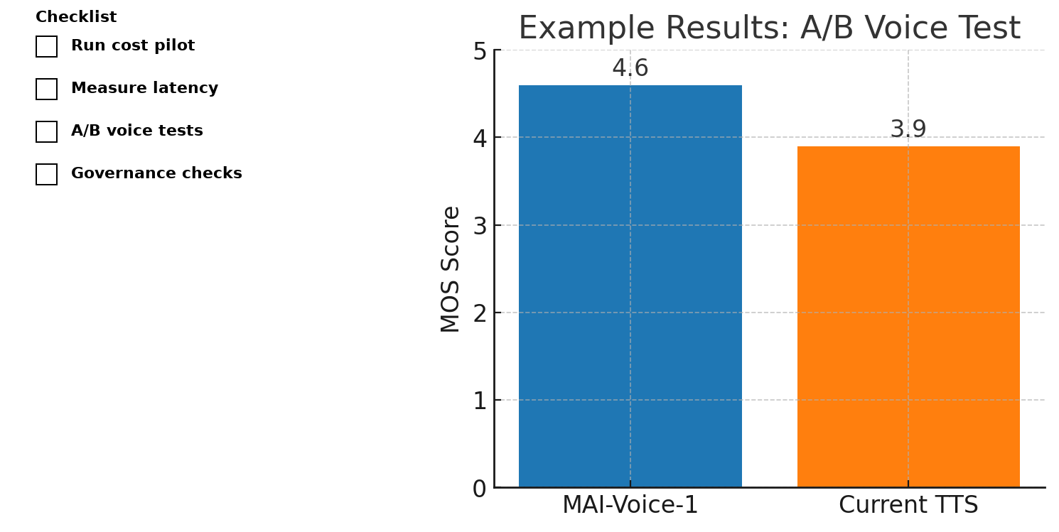 Evaluation checklist and sample A/B results comparing voice quality and latency.