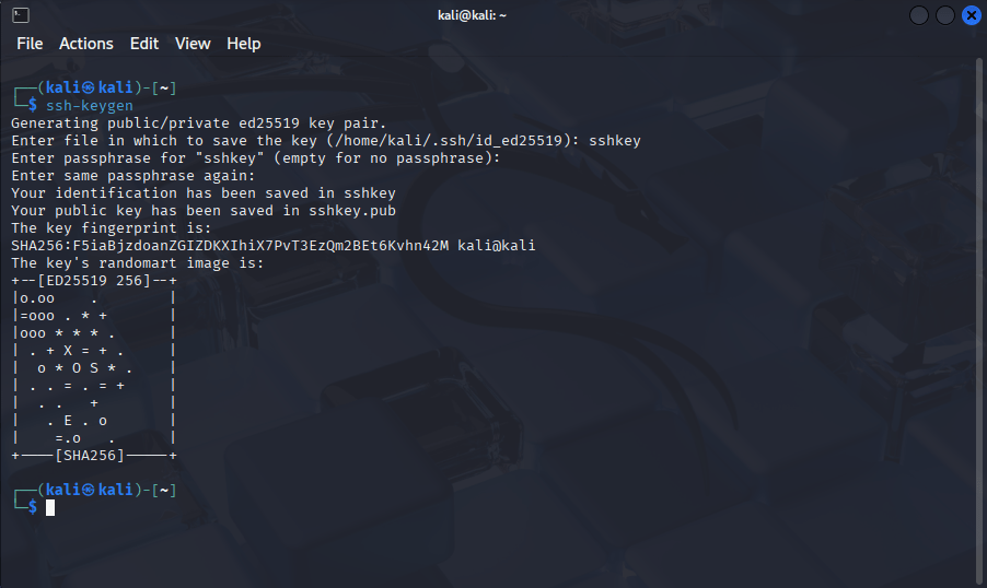 A Kali Linux terminal showing the use of ssh-keygen to generate a new SSH key pair with ed25519 algorithm, saving the private key as sshkey.