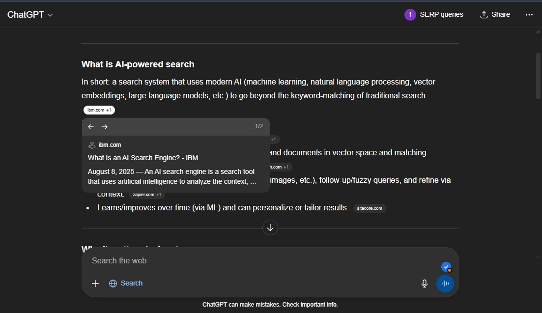 Diagram showing an overview of AI-powered search: a heading ‘What is AI-powered search’, followed by bullet points explaining that it uses machine learning, NLP, vector embeddings and LLMs to go beyond keyword matching; illustrated with a small screenshot of the IBM webpage about AI search engines.