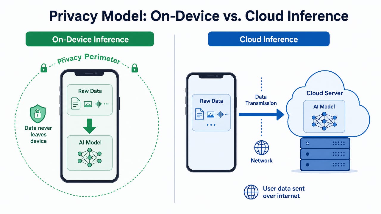 Comparison of on-device AI and cloud AI inference privacy models.