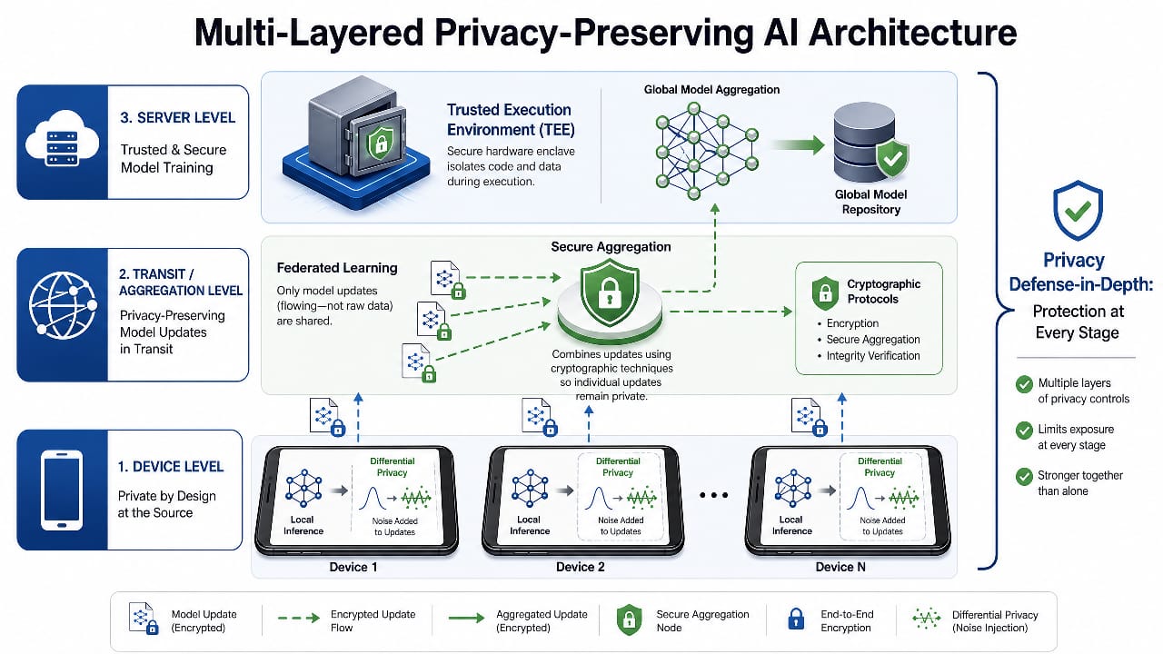 Layered privacy-preserving AI system architecture.