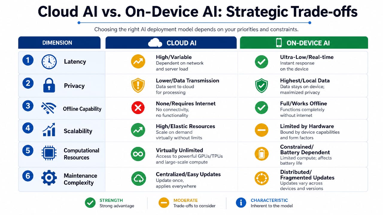 Cloud AI and on-device AI comparison chart.