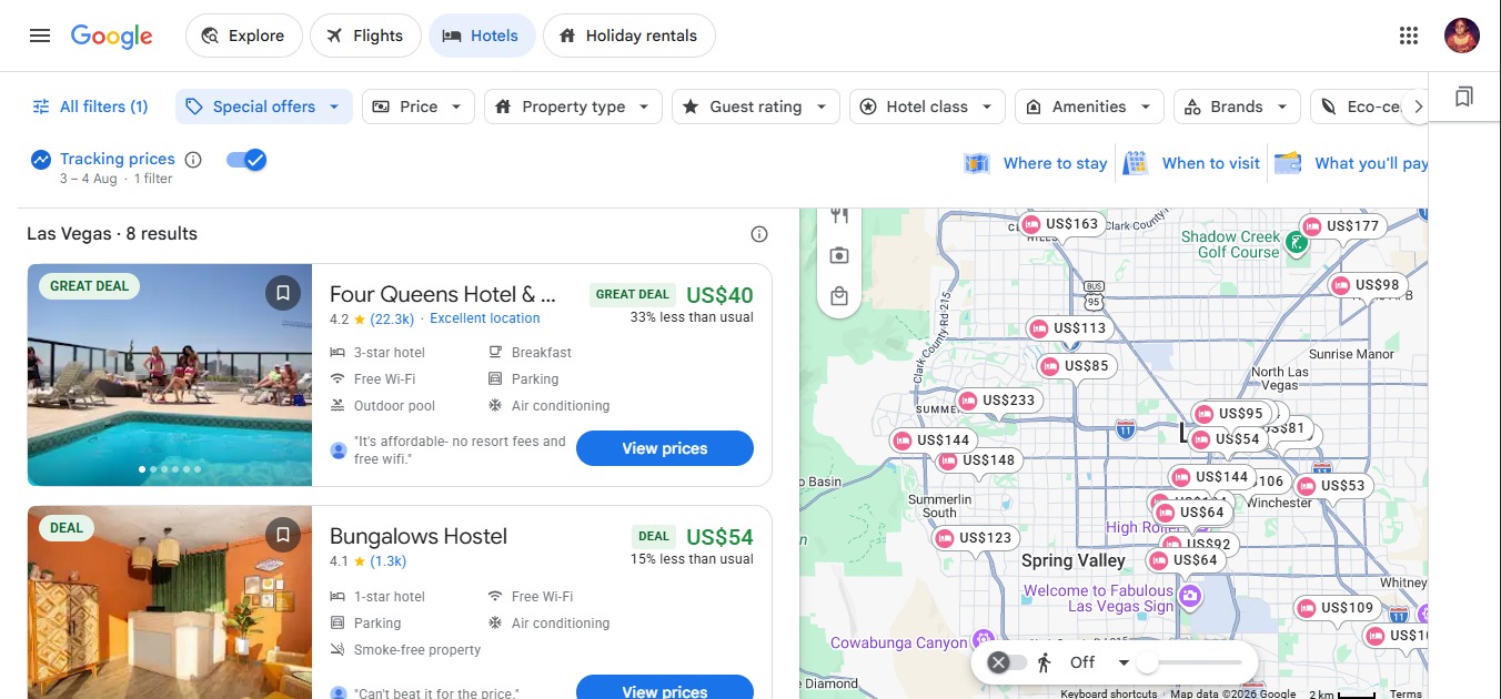 Google Hotels results page