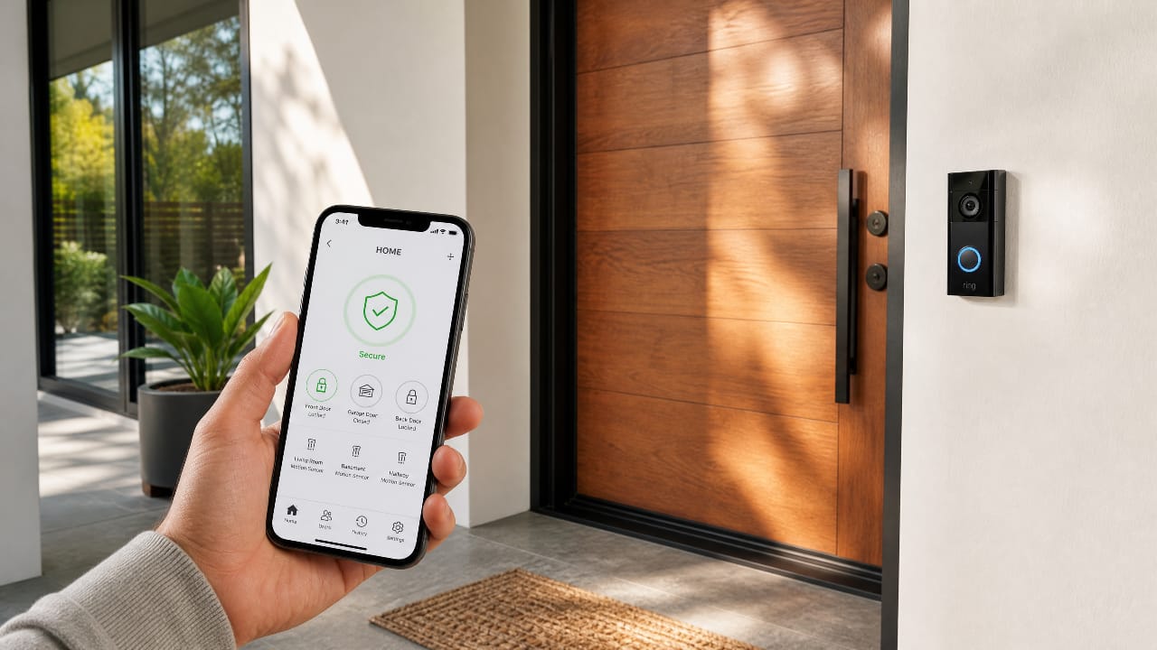 A modern home entryway with a smart lock