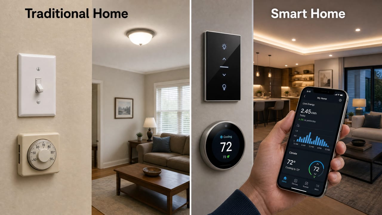 A traditional home and a Smart home